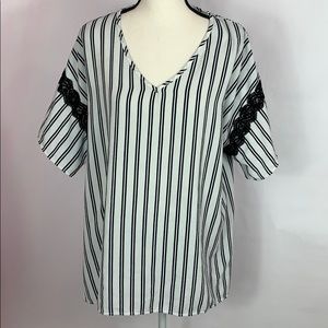 You and I lace accent on sleeve,stripes,v-neck top